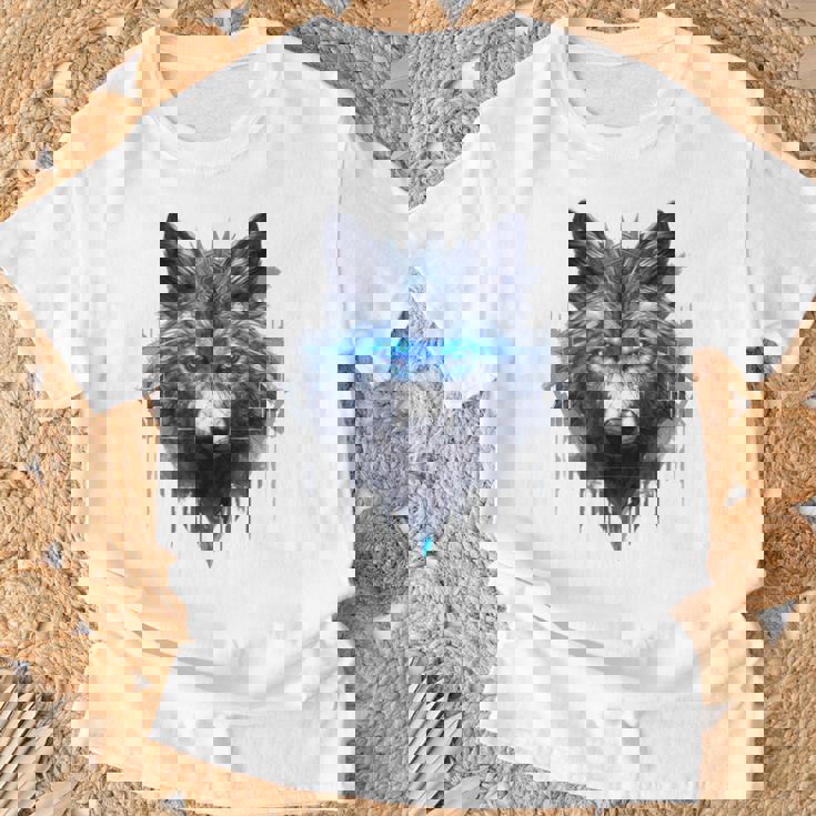 Fantasía De Lobo Ojos Azules Motivo De Animales Artísticos Lobo Camiseta unisex Regalos para ancianos