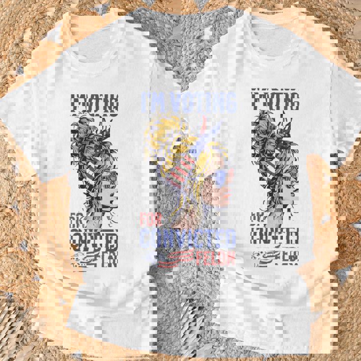 I'm Voting For A Convicted Felon In 2024 Women Messy Bun T-Shirt Gifts for Old Men