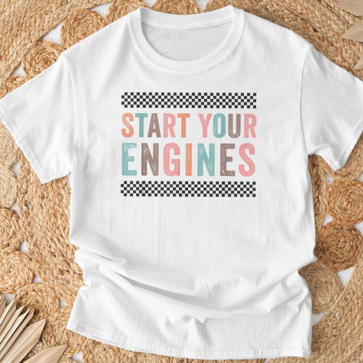 Start Your Engines Vintage Retro Checkered Flag Racing Car T-Shirt Gifts for Old Men