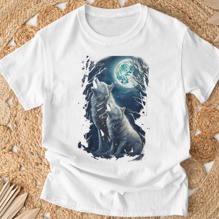 White Wolves Howling At Moon Vintage Wolf Lover T-Shirt Gifts for Old Men