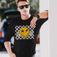 Checkered Pattern Smile Face Trendy Retro Happy Face Long Sleeve T-Shirt Gifts for Him