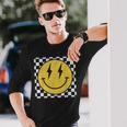Retro Happy Face Distressed Checkered Pattern Smile Face Long Sleeve T-Shirt Gifts for Him