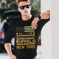 Us Flag American Total Solar Eclipse 2024 Buffalo New York Long Sleeve T-Shirt Gifts for Him