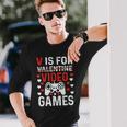 V Is For Video Games Valentines Day Video Gamer Boy Men Long Sleeve T-Shirt Gifts for Him