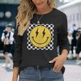 Retro Happy Face Distressed Checkered Pattern Smile Face Long Sleeve T-Shirt Gifts for Her
