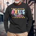Aries Vibes Zodiac March April Birthday Astrology Groovy Long Sleeve T-Shirt Gifts for Old Men