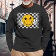 Checkered Pattern Smile Face Trendy Retro Happy Face Long Sleeve T-Shirt Gifts for Old Men