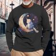 Cute Cat Crescent Moon Phases Purple Star Night Kawaii Cat Long Sleeve T-Shirt Gifts for Old Men
