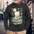 Kawaii Cat Playing Guitar Cute Flowers And Moon Cat Lover Long Sleeve T-Shirt Gifts for Old Men