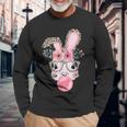 Leopard Print Rabbit Bunny Blowing Bubble Gum Easter Day Long Sleeve T-Shirt Gifts for Old Men