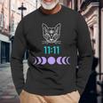 Manifestation Cat And Moon Phase 11 11 Eleven Eleven Purple Long Sleeve T-Shirt Gifts for Old Men