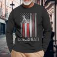 Retro Cincinnati American Flag Distressed Baseball Fans Long Sleeve T-Shirt Gifts for Old Men