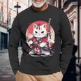 Retro Japonés Gato Samurai Tatuaje Gráfico Ninja Kawaii Camiseta de manga larga Regalos para ancianos