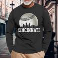 Vintage Cincinnati Skyline City Baseball Met At Gameday Long Sleeve T-Shirt Gifts for Old Men