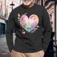 Watercolor Heart Valentine's Day Vintage Graphic Valentine Long Sleeve T-Shirt Gifts for Old Men