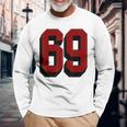 69 Number 69 Varsity Fan Sports Team White Jersey Long Sleeve T-Shirt Gifts for Old Men