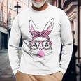 Cute Bunny Face Pink Glasses Leopard Bublegum Easter Day Long Sleeve T-Shirt Gifts for Old Men