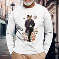 Cat With Flowers And Walking Stick And Moon Long Sleeve T-Shirt Gifts for Old Men