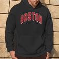 Boston Varsity Style Red Text With White Outline Hoodie Lifestyle