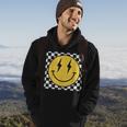 Retro Happy Face Distressed Checkered Pattern Smile Face Hoodie Lifestyle