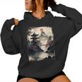 Vintage Japanese Flower Mountain View Landscape Graphic Women Hoodie