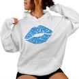 80S & 90S Kiss Mouth Lips Motif Vintage Blue Women Hoodie