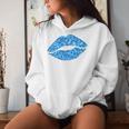80S & 90S Kiss Mouth Lips Motif Vintage Blue Women Hoodie Gifts for Her