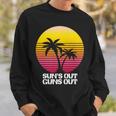 Suns Out Guns Out Retro 80S Beach Scene Palm Tree Sunset Sweatshirt Gifts for Him