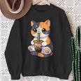 Cat Drinking Boba Feline Japanese Pet Kawaii Boba Calico Cat Sweatshirt Gifts for Old Women