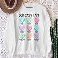 Christian Bible Verse God Says I Am Candy Heart Valentines Sweatshirt Gifts for Old Women