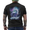 Fantasy White Unicorn Standing In The Snowy Forest Men's T-shirt Back Print