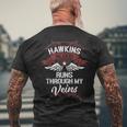 Hawkins Blood Runs Through My Veins Last Name Family Mens Back Print T-shirt Gifts for Old Men