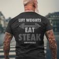 Lift Weights Eat Steak Meat Heals Work Out Protein Bbq Men's T-shirt Back Print Gifts for Old Men