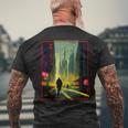 A Man Walks Cyberpunk City Japanese Text Futuristic Costume Men's T-shirt Back Print Gifts for Old Men