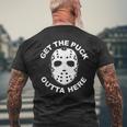 Get The Puck Outta Here Old School Hockey Goalie Mask Men's T-shirt Back Print Gifts for Old Men