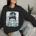 Warrior Messy Bun Teal Ribbon Addiction Recovery Women Sweatshirt Gifts for Her