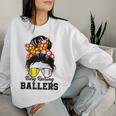 Messy Bun Mom Of Both Baseball Softball Busy Raising Ballers Women Sweatshirt Gifts for Her