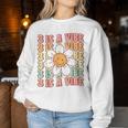 Three Is A Vibe Cute Groovy 3Rd Birthday Party Daisy Flower Women Sweatshirt Unique Gifts