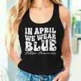 In April We Wear Blue Groovy Autism Awareness Women Tank Top Gifts for Her