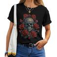 Rose Skeleton Skull Hand Red Flower Rose Women T-shirt