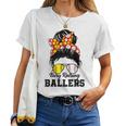 Messy Bun Mom Of Both Baseball Softball Busy Raising Ballers Women T-shirt