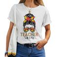 Messy Bun Teacher Off Duty Leopard Happy Last Day Of School Women T-shirt