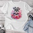 Watercolor Cute Miniature Schnauzer Dog Mom Pink Flowers Women T-shirt Funny Gifts