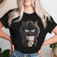 Angry Black Cat Drinking Coffee Loves Coffee Pet Women T-shirt Gifts for Her
