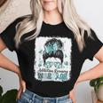 Warrior Messy Bun Teal Ribbon Addiction Recovery Women T-shirt Gifts for Her