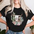Western Boho Chic Longhorn Bull Skull Cactus Beige Pattern Women T-shirt Gifts for Her