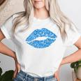 80S & 90S Kiss Mouth Lips Motif Vintage Blue Women T-shirt Gifts for Her