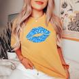 80S & 90S Kiss Mouth Lips Motif Vintage Blue Women's Oversized Comfort T-shirt Mustard