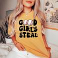 Good Girls Steal Groovy Retro Baseball Woman Girl Softball Women's Oversized Comfort T-shirt Mustard