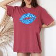 80S & 90S Kiss Mouth Lips Motif Vintage Blue Women's Oversized Comfort T-shirt Crimson